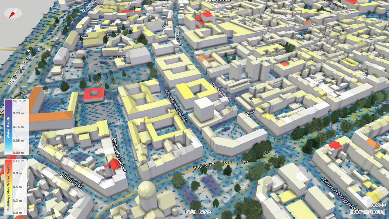 3D-Szene aus dem HydroZwilling Rheinland-Pfalz mit simuliertem Sturzflutabfluss in der Mainzer Innenstadt.