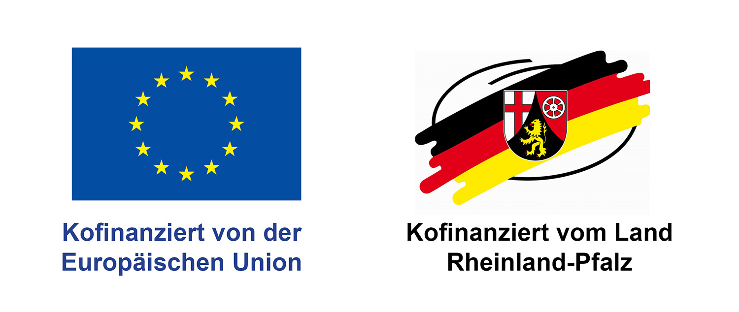 Logos EU und RLP mit darunterstehendem Schriftzug Kofinanziert von der Europäischen Union und Kofinanziert vom Land Rheinland-Pfalz