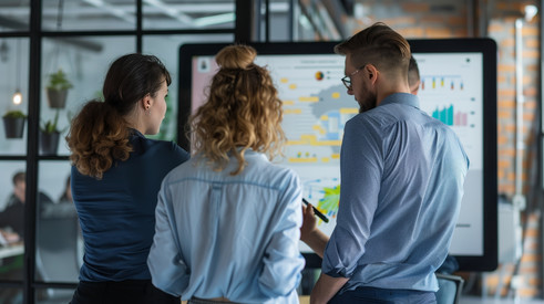 Menschen vor Smartboard planen eine Strategie