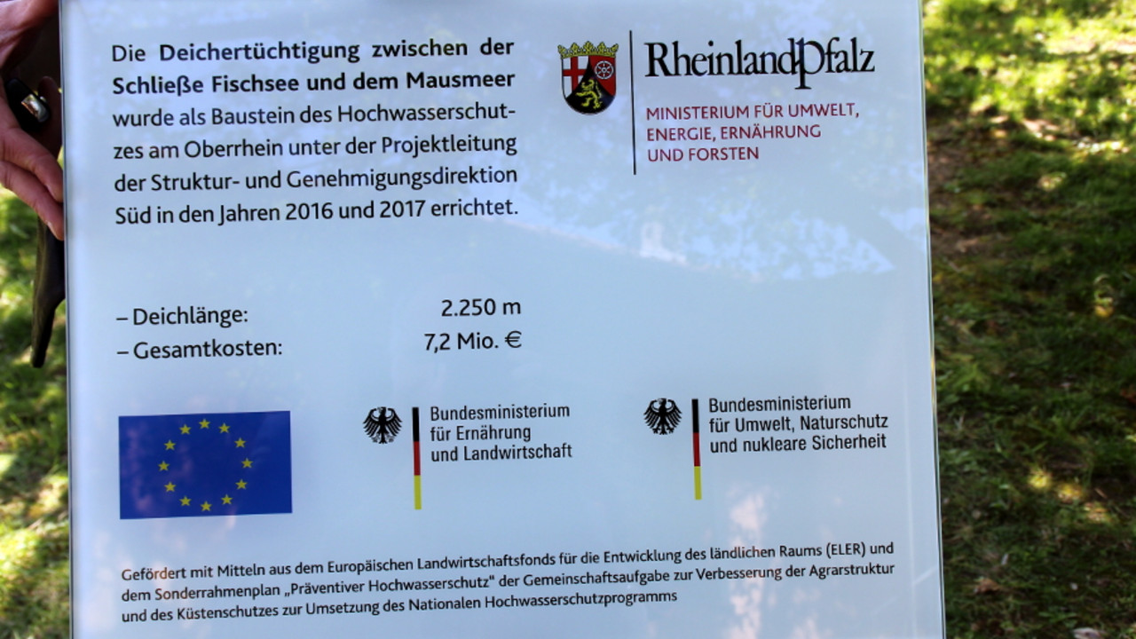 Hinweisschild auf die Deichertüchtigung zwischen der Schließe Fischsee und dem Mausmeer.
