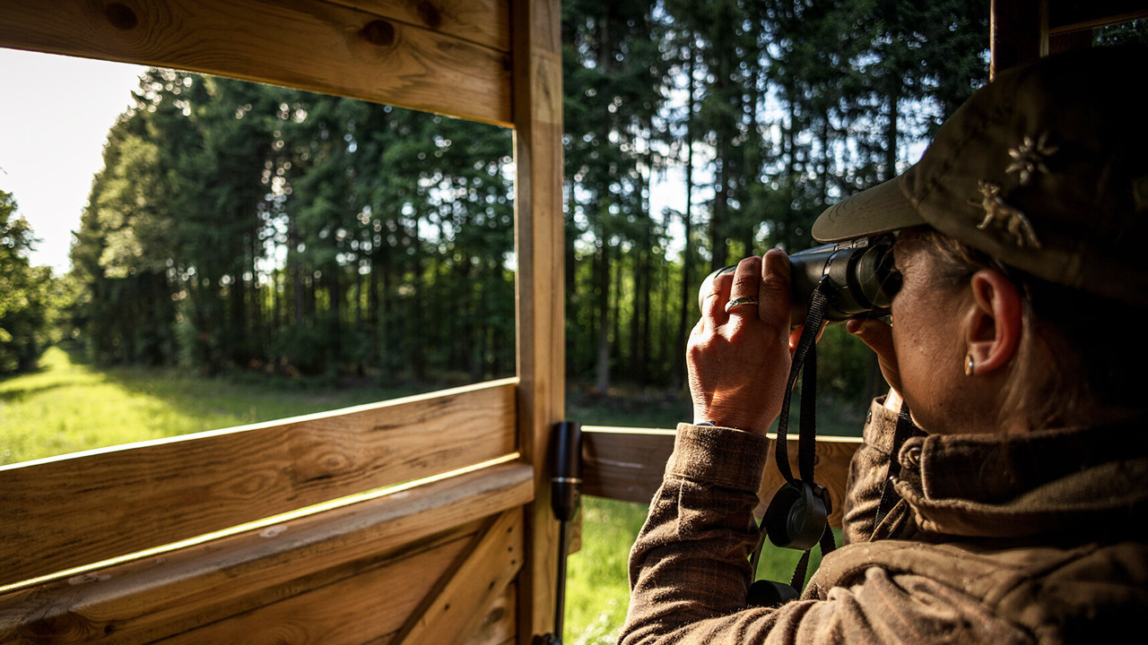 Jägerin mit Fernglas auf Hochsitz