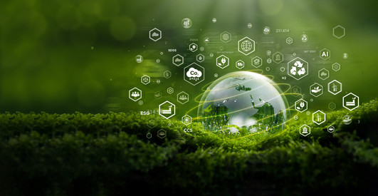Wassertropfen auf Moos von digitalen Icons umgeben