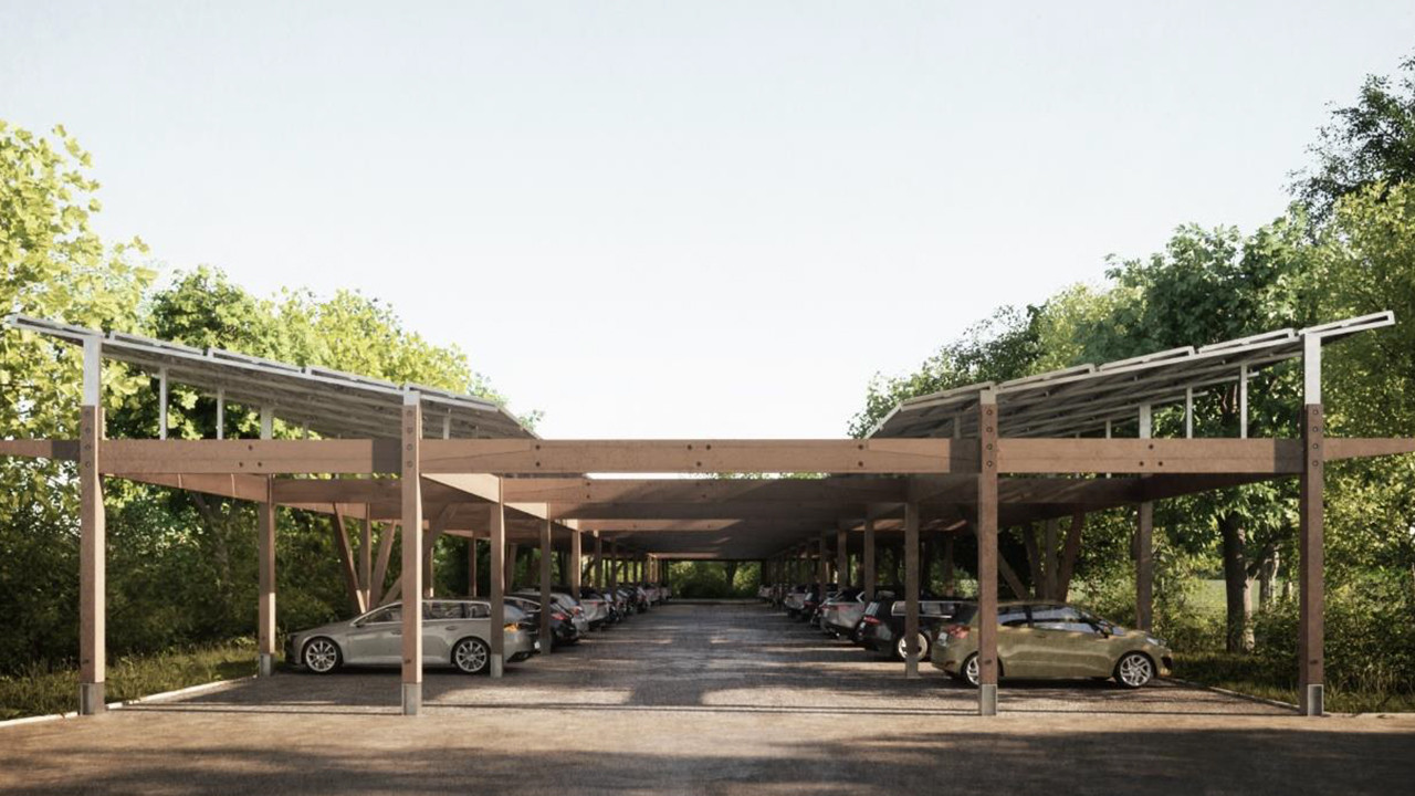 Geplante Parkplatzüberdachung mit aufgeständerter PV-Anlage