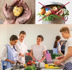 Fotocollage aus 3 Bildern: Hände halten eine Kartoffel in Herzform, ein überfüllter Mülleimer mit Gemüseresten, Jugendliche in der Küche beim Kochen