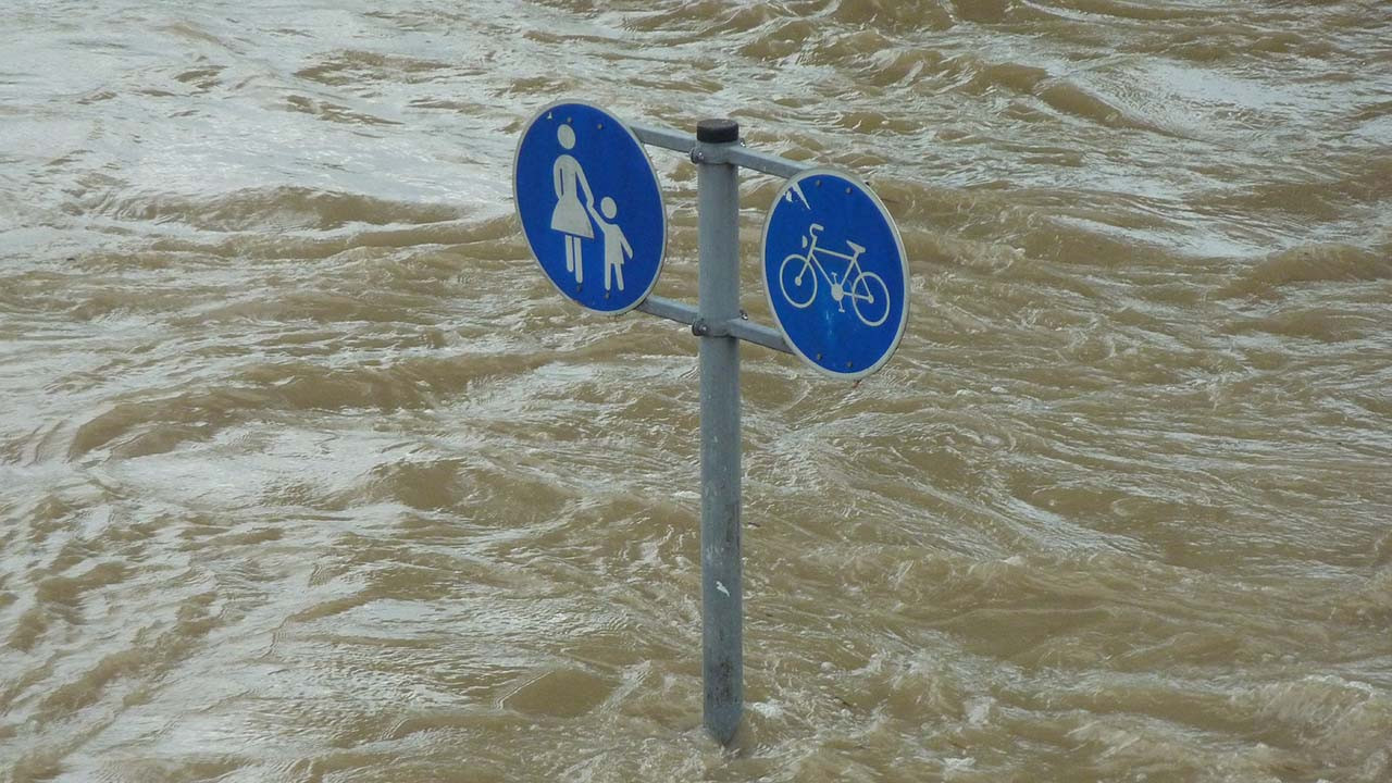 Verkehrsschilder im Hochwasser