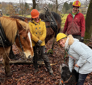 Klimaschutzministerin Katrin Eder mit Rückepferden im Wald