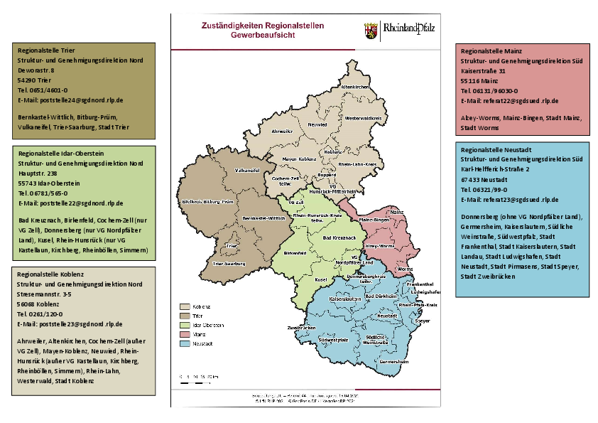 Karte von RLP mit den Regionalstellen der Gewerbeaufsicht