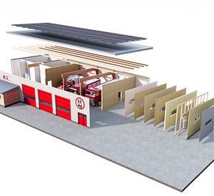 Zukunftsweisendes Baukastensystem: Modell eines Feuerwehrhauses mit Holz