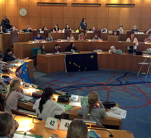 Umweltministerin Ulrike Höfken spricht auf der Kinderklimaschutzkonferenz 2.0 im Mainzer Rathaus