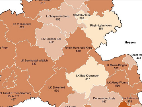 Die Abbildung zeigt eine Karte von Rheinland-Pfalz mit einem Ausschnitt einiger Landkreise und kreisfreien Städten
