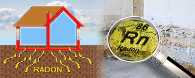 Radon steigt im Boden an Haus hoch, Wandecke mit Radonzeichen