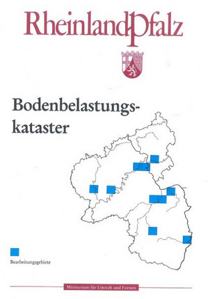 Das Bild zeigt das Deckblatt des Berichts "Bodenbelastungskataster Rheinland-Pfalz" von 1996